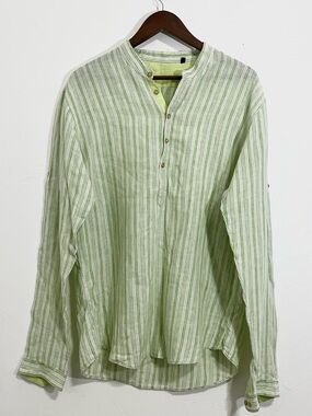 Blackberrys Men’s Lime Green Striped Linen Popover Shirt Mandarin Collar XXL